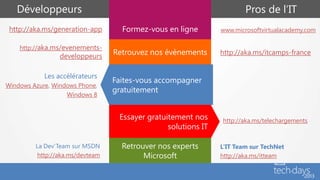 Développeurs                                                         Pros de l’IT
 http://aka.ms/generation-app       Formez-vous en ligne        www.microsoftvirtualacademy.com

    http://aka.ms/evenements-
                 developpeurs     Retrouvez nos évènements      http://aka.ms/itcamps-france


            Les accélérateurs
                                  Faites-vous accompagner
Windows Azure, Windows Phone,
                                  gratuitement
                   Windows 8


                                   Essayer gratuitement nos     http://aka.ms/telechargements
                                                 solutions IT

         La Dev’Team sur MSDN       Retrouver nos experts       L’IT Team sur TechNet
          http://aka.ms/devteam           Microsoft             http://aka.ms/itteam
 