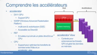 Comprendre les accélérateurs                                   Host                Accélérateurs
     • accelerator
         – DX11 GPU
             • Support GPU
                                                                                PCIe
         – WARP (Windows Advanced Rasterisation
           Platform)
             • multi-core & vectorisazion (SSE)
             • Accessible via Direct3D
         – REF
             • Emulateur qui simule un pilote direct3d sur •   accelerator View
                 CPU                                            – Contexte pour
         – CPU                                                    ordonnancer les threads
                                                                  GPU et gérer les données
             • Support pour optimiser les transferts de
                                                                  en mémoire
                 données entre l'hôte et un
                 accelerator_view
Fondamentaux
 