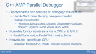 C++ AMP Parallel Debugger
      • Fonctionnalités bien connues du débogage Visual studio
            – Launch, Attach, Break, Stepping, Breakpoints, DataTips
            – Outillage orienté fenêtre
               • Processes, Debug Output, Modules, Disassembly, Call Stack,
                  Memory, Registers, Locals, Watch, Quick Watch
      • Nouvelles fonctionnalités (à la fois le CPU et le GPU)
            – Parallel Stacks window, Parallel Watch window, Barrier
      • Nouveautés spécifiques GPU
            – Emulateur, fenêtre GPU Threads , détection de races conditions

Visual Studio
 