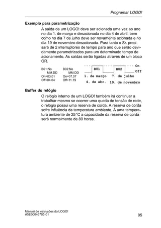 95
Manualde instruções do LOGO!
A5E00046705 01
Exemplo para parametrização
A saída de um LOGO! deve ser acionada uma vez ao ano
no dia 1. de março e desacionada no dia 4 de abril, bem
como no dia 7 de julho deve ser novamente acionada e no
dia 19 de novembro desacionada. Para tanto o Sr. preci-
sará de 2 interruptores de tempo para ano que serão devi-
damente parametrizados para um determinado tempo de
acionamento. As saídas serão ligadas através de um bloco
OR.
B01:No
MM.DD
On=03.01
Off=04.04
B02:No
MM.DD
On=07.07
Off=11.19
On
Off
1. de março
4. de abr.
7. de julho
19. de novembro
B01 B02
Buffer do relógio
O relógio interno de um LOGO! também irá continuar a
trabalhar mesmo se ocorrer uma queda de tensão de rede,
o relógio possui uma reserva de corda. A reserva de corda
sofre influência da temperatura ambiente. À uma tempera-
tura ambiente de 25°C a capacidade da reserva de corda
será normalmente de 80 horas.
Programar LOGO!
 