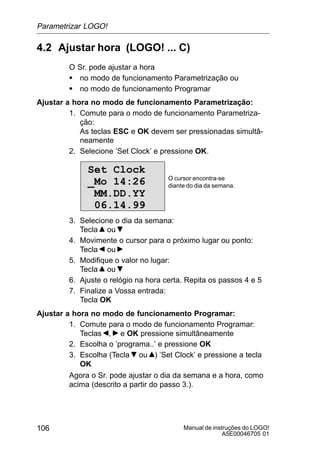Manual de instruções do LOGO!
A5E00046705 01
106
4.2 Ajustar hora (LOGO! ... C)
O Sr. pode ajustar a hora
S no modo de funcionamento Parametrização ou
S no modo de funcionamento Programar
Ajustar a hora no modo de funcionamento Parametrização:
1. Comute para o modo de funcionamento Parametriza-
ção:
As teclas ESC e OK devem ser pressionadas simultâ-
neamente
2. Selecione ’Set Clock’ e pressione OK.
Set Clock
_Mo 14:26
MM.DD.YY
06.14.99
O cursor encontra-se
diante do dia da semana.
3. Selecione o dia da semana:
Tecla ou
4. Movimente o cursor para o próximo lugar ou ponto:
Tecla ou
5. Modifique o valor no lugar:
Tecla ou
6. Ajuste o relógio na hora certa. Repita os passos 4 e 5
7. Finalize a Vossa entrada:
Tecla OK
Ajustar a hora no modo de funcionamento Programar:
1. Comute para o modo de funcionamento Programar:
Teclas , e OK pressione simultâneamente
2. Escolha o ’programa..’ e pressione OK
3. Escolha (Tecla ou ) ’Set Clock’ e pressione a tecla
OK
Agora o Sr. pode ajustar o dia da semana e a hora, como
acima (descrito a partir do passo 3.).
Parametrizar LOGO!
 