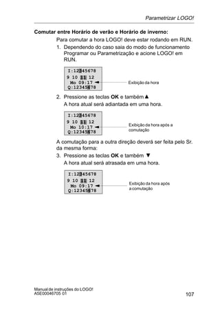 107
Manualde instruções do LOGO!
A5E00046705 01
Comutar entre Horário de verão e Horário de inverno:
Para comutar a hora LOGO! deve estar rodando em RUN.
1. Dependendo do caso saia do modo de funcionamento
Programar ou Parametrização e acione LOGO! em
RUN.
Exibição da horaMo 09:17
I:12345678
9 10 11 12
Q:12345678
2. Pressione as teclas OK e também
A hora atual será adiantada em uma hora.
Exibição da hora após a
comutação
Mo 10:17
I:12345678
9 10 11 12
Q:12345678
A comutação para a outra direção deverá ser feita pelo Sr.
da mesma forma:
3. Pressione as teclas OK e também
A hora atual será atrasada em uma hora.
Exibição da hora após
a comutação
Mo 09:17
I:12345678
9 10 11 12
Q:12345678
Parametrizar LOGO!
 