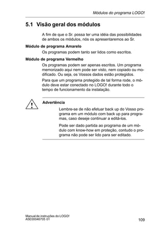 109
Manualde instruções do LOGO!
A5E00046705 01
5.1 Visão geral dos módulos
A fim de que o Sr. possa ter uma idéia das possibilidades
de ambos os módulos, nós os apresentaremos ao Sr.
Módulo de programa Amarelo
Os programas podem tanto ser lidos como escritos.
Módulo de programa Vermelho
Os programas podem ser apenas escritos. Um programa
memorizado aqui nem pode ser visto, nem copiado ou mo-
dificado. Ou seja, os Vossos dados estão protegidos.
Para que um programa protegido de tal forma rode, o mó-
dulo deve estar conectado no LOGO! durante todo o
tempo de funcionamento da instalação.
!
Advertência
Lembre-se de não efetuar back up do Vosso pro-
grama em um módulo com back up para progra-
mas, caso deseje continuar a editá-los.
Pode ser dado partida ao programa de um mó-
dulo com know-how em proteção, contudo o pro-
grama não pode ser lido para ser editado.
Módulos do programa LOGO!
 