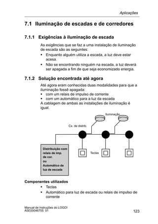 123
Manual de instruções do LOGO!
A5E00046705 01
7.1 Iluminação de escadas e de corredores
7.1.1 Exigências à iluminação de escada
As exigências que se faz a uma instalação de iluminação
de escada são as seguintes:
S Enquanto alguém utiliza a escada, a luz deve estar
acesa.
S Não se encontrando ninguém na escada, a luz deverá
ser apagada a fim de que seja economizado energia.
7.1.2 Solução encontrada até agora
Até agora eram conhecidas duas modalidades para que a
iluminação fossê apagada:
S com um relais de impulso de corrente
S com um automático para a luz da escada
A cablagem de ambas as instalações de iluminação é
igual.
ÎÎÎÎÎÎ
ÎÎÎÎÎÎ ÎÎÎÎÎÎ
ÎÎÎÎÎÎ
Iluminação
Teclas
Distribuição com
relais de imp.
de cor.
ou
Automático de
luz de escada
Cx. de distrib.
Componentes utilizados
S Teclas
S Automático para luz de escada ou relais de impulso de
corrente
Aplicações
 