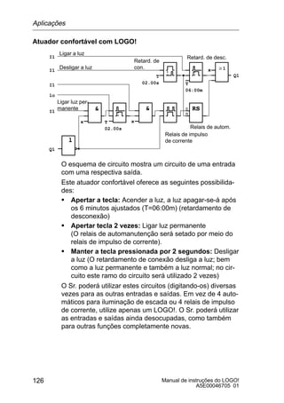 Manual de instruções do LOGO!
A5E00046705 01
126
Atuador confortável com LOGO!
Ligar a luz
Ligar luz per-
manente
Desligar a luz
Retard. de desc.
Relais de autom.
Relais de impulso
de corrente
Retard. de
con.

x T
02.00s
x
T
02.00s
w1
T
06:00m
x
Q1
Q1
I1
I1
I1
I1
lo
O esquema de circuito mostra um circuito de uma entrada
com uma respectiva saída.
Este atuador confortável oferece as seguintes possibilida-
des:
S Apertar a tecla: Acender a luz, a luz apagar-se-á após
os 6 minutos ajustados (T=06:00m) (retardamento de
desconexão)
S Apertar tecla 2 vezes: Ligar luz permanente
(O relais de automanutenção será setado por meio do
relais de impulso de corrente).
S Manter a tecla pressionada por 2 segundos: Desligar
a luz (O retardamento de conexão desliga a luz; bem
como a luz permanente e também a luz normal; no cir-
cuito este ramo do circuito será utilizado 2 vezes)
O Sr. poderá utilizar estes circuitos (digitando-os) diversas
vezes para as outras entradas e saídas. Em vez de 4 auto-
máticos para iluminação de escada ou 4 relais de impulso
de corrente, utilize apenas um LOGO!. O Sr. poderá utilizar
as entradas e saídas ainda desocupadas, como também
para outras funções completamente novas.
Aplicações
 