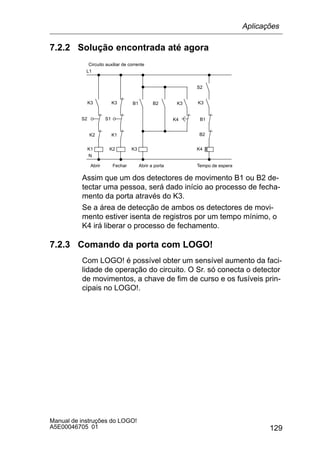 129
Manual de instruções do LOGO!
A5E00046705 01
7.2.2 Solução encontrada até agora
K1 K2
K2 K1
K3 K3
Abrir Fechar
S2 S1
K3
B1 B2 K3
K4
K4
B2
K3
B1
S2
Abrir a porta Tempo de espera
Circuito auxiliar de corrente
L1
N
Assim que um dos detectores de movimento B1 ou B2 de-
tectar uma pessoa, será dado início ao processo de fecha-
mento da porta através do K3.
Se a área de detecção de ambos os detectores de movi-
mento estiver isenta de registros por um tempo mínimo, o
K4 irá liberar o processo de fechamento.
7.2.3 Comando da porta com LOGO!
Com LOGO! é possível obter um sensível aumento da faci-
lidade de operação do circuito. O Sr. só conecta o detector
de movimentos, a chave de fim de curso e os fusíveis prin-
cipais no LOGO!.
Aplicações
 