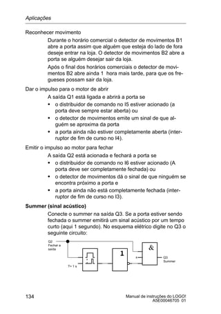 Manual de instruções do LOGO!
A5E00046705 01
134
Reconhecer movimento
Durante o horário comercial o detector de movimentos B1
abre a porta assim que alguém que esteja do lado de fora
deseje entrar na loja. O detector de movimentos B2 abre a
porta se alguém desejar sair da loja.
Após o final dos horários comerciais o detector de movi-
mentos B2 abre ainda 1 hora mais tarde, para que os fre-
gueses possam sair da loja.
Dar o impulso para o motor de abrir
A saída Q1 está ligada e abrirá a porta se
S o distribuidor de comando no I5 estiver acionado (a
porta deve sempre estar aberta) ou
S o detector de movimentos emite um sinal de que al-
guém se aproxima da porta
S a porta ainda não estiver completamente aberta (inter-
ruptor de fim de curso no I4).
Emitir o impulso ao motor para fechar
A saída Q2 está acionada e fechará a porta se
S o distribuidor de comando no I6 estiver acionado (A
porta deve ser completamente fechada) ou
S o detector de movimentos dá o sinal de que ninguém se
encontra próximo a porta e
S a porta ainda não está completamente fechada (inter-
ruptor de fim de curso no I3).
Summer (sinal acústico)
Conecte o summer na saída Q3. Se a porta estiver sendo
fechada o summer emitirá um sinal acústico por um tempo
curto (aqui 1 segundo). No esquema elétrico digite no Q3 o
seguinte circuito:
T= 1 s
x Q3
Summer
Q2
Fechar a
saída
Aplicações
 