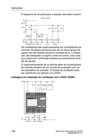 Manual de instruções do LOGO!
A5E00046705 01
136
O esquema de circuitos para a solução até então é assim:
K1 K5
K5
S1
Expulsão de ar Alim. ar
S0
K3K2
Func.
Circuito auxiliar
L1
N
S2
K1
v
S2
H1K4
S3v
K5
Avaria
H2
K2 K4
Os ventiladores são supervisionados por controladores de
corrente. Se depois do transcurso de um breve tempo de
espera não fôr medido nenhuma corrente de ar, a instala-
ção será desligada e surgirá o aviso de avaria, aviso este
que poderá ser confirmado através do acionamento da te-
cla de parada.
O supervisionamento de ar precisa além de controladores
de corrente também de um circuito de avaliação com vá-
rios aparelhos de conexão. O circuito de avaliação pode
ser substituído por apenas um LOGO!.
Cablagem da instalação de ventilação com LOGO! 230RC
L1N I1 I2 I3 I4 I5 I6
Q1 Q2 Q3 Q4
SIEMENS
K1 K2
Evac. ar Alim. ar fresco
S1
L1
N
S2 S3 vv
H1 H2
S0
LOGO! 230RC
Aplicações
 