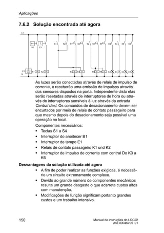 Manual de instruções do LOGO!
A5E00046705 01
150
7.6.2 Solução encontrada até agora
B1
L1
N
E1
E1
lx K6
E5
K5
E4
K4
E3
K3
E2K3 K4 K5 K6
S1 S2 S3 S4
K1 K2
K2K2K1
As luzes serão conectadas através de relais de impulso de
corrente, e receberão uma emissão de impulsos através
dos sensores dispostos na porta. Independente disto elas
serão resetadas através de interruptores de hora ou atra-
vés de interruptores sensíveis à luz através da entrada
Central desl. Os comandos de desacionamento devem ser
encurtados por meio de relais de contato passageiro para
que mesmo depois do desacionamento seja possível uma
operação no local.
Componentes necessários:
S Teclas S1 a S4
S Interruptor do anoitecer B1
S Interruptor de tempo E1
S Relais de contato passageiro K1 und K2
S Interruptor de impulso de corrente com central Do K3 a
K6
Desvantagens da solução utilizada até agora
S A fim de poder realizar as funções exigidas, é necessá-
rio um circuito extremamente complexo.
S Devido ao grande número de componentes mecânicos
resulta um grande desgaste o que acarreta custos altos
com manutenção.
S Modificações de função significam portanto grandes
custos e um trabalho intensivo.
Aplicações
 