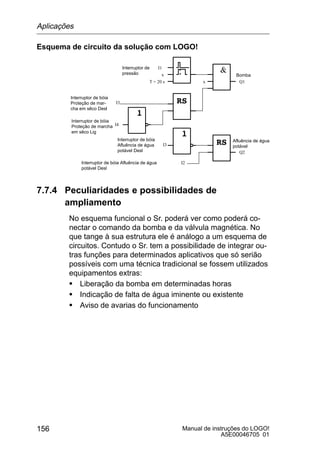 Manual de instruções do LOGO!
A5E00046705 01
156
Esquema de circuito da solução com LOGO!
I2
Interruptor de bóia
Afluência de água
potável Desl
Afluência de água
potável
Q2
Interruptor de bóia Afluência de água
potável Desl
I1Interruptor de
pressão
I3
Interruptor de bóia
Proteção de marcha
em sêco Lig
I4
Interruptor de bóia
Proteção de mar-
cha em sêco Desl
x
T = 20 s x
Bomba
Q1
I3
7.7.4 Peculiaridades e possibilidades de
ampliamento
No esquema funcional o Sr. poderá ver como poderá co-
nectar o comando da bomba e da válvula magnética. No
que tange à sua estrutura ele é análogo a um esquema de
circuitos. Contudo o Sr. tem a possibilidade de integrar ou-
tras funções para determinados aplicativos que só serião
possíveis com uma técnica tradicional se fossem utilizados
equipamentos extras:
S Liberação da bomba em determinadas horas
S Indicação de falta de água iminente ou existente
S Aviso de avarias do funcionamento
Aplicações
 