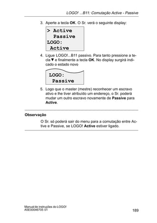 189
Manualde instruções do LOGO!
A5E00046705 01
3. Aperte a tecla OK. O Sr. verá o seguinte display:
 Active
Passive
LOGO:
Active
4. Ligue LOGO!...B11 passivo. Para tanto pressione a te-
cla e finalmente a tecla OK. No display surgirá indi-
cado o estado novo
LOGO:
Passive
5. Logo que o master (mestre) reconhecer um escravo
ativo e lhe tiver atribuído um endereço, o Sr. poderá
mudar um outro escravo novamente de Passive para
Active.
Observação
O Sr. só poderá sair do menu para a comutação entre Ac-
tive e Passive, se LOGO! Active estiver ligado.
LOGO! ...B11: Comutação Active - Passive
 