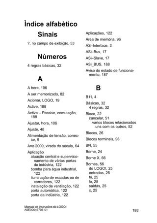 193
Manual de instruções do LOGO!
A5E00046705 01
Ìndice alfabètico
Sinais
?, no campo de exibição, 53
Nùmeros
4 regras básicas, 32
A
A hora, 106
A ser memorizado, 82
Acionar, LOGO, 19
Active, 188
Active – Passive, comutação,
188
Ajustar, hora, 106
Ajuste, 48
Alimentação de tensão, conec-
tar, 9
Ano 2000, virada do século, 64
Aplicação
atuação central e supervisio-
namento de várias portas
de indústria, 122
bomba para água industrial,
122
iluminação de escadas ou de
corredores, 122
instalação de ventilação, 122
porta automática, 122
porta da indústria, 122
Aplicações, 122
Área de memória, 96
AS–Interface, 3
ASi–Bus, 17
ASi–Slave, 17
ASi_BUS, 188
Aviso do estado de funciona-
mento, 187
B
B11, 4
Básicas, 32
4 regras, 32
Bloco, 22
cancelar, 51
varios blocos relacionados
uns com os outros, 52
Blocos, 26
Blocos terminais, 98
BN, 55
Borne, 24
Borne X, 66
Bornes, 56
do LOGO!, 25
entradas, 25
hi, 25
lo, 25
saídas, 25
x, 25
 
