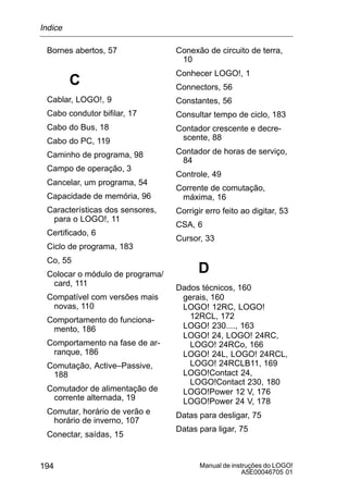 Manual de instruções do LOGO!
A5E00046705 01
194
Bornes abertos, 57
C
Cablar, LOGO!, 9
Cabo condutor bifilar, 17
Cabo do Bus, 18
Cabo do PC, 119
Caminho de programa, 98
Campo de operação, 3
Cancelar, um programa, 54
Capacidade de memória, 96
Características dos sensores,
para o LOGO!, 11
Certificado, 6
Ciclo de programa, 183
Co, 55
Colocar o módulo de programa/
card, 111
Compatível com versões mais
novas, 110
Comportamento do funciona-
mento, 186
Comportamento na fase de ar-
ranque, 186
Comutação, Active–Passive,
188
Comutador de alimentação de
corrente alternada, 19
Comutar, horário de verão e
horário de inverno, 107
Conectar, saídas, 15
Conexão de circuito de terra,
10
Conhecer LOGO!, 1
Connectors, 56
Constantes, 56
Consultar tempo de ciclo, 183
Contador crescente e decre-
scente, 88
Contador de horas de serviço,
84
Controle, 49
Corrente de comutação,
máxima, 16
Corrigir erro feito ao digitar, 53
CSA, 6
Cursor, 33
D
Dados técnicos, 160
gerais, 160
LOGO! 12RC, LOGO!
12RCL, 172
LOGO! 230...., 163
LOGO! 24, LOGO! 24RC,
LOGO! 24RCo, 166
LOGO! 24L, LOGO! 24RCL,
LOGO! 24RCLB11, 169
LOGO!Contact 24,
LOGO!Contact 230, 180
LOGO!Power 12 V, 176
LOGO!Power 24 V, 178
Datas para desligar, 75
Datas para ligar, 75
Indice
 
