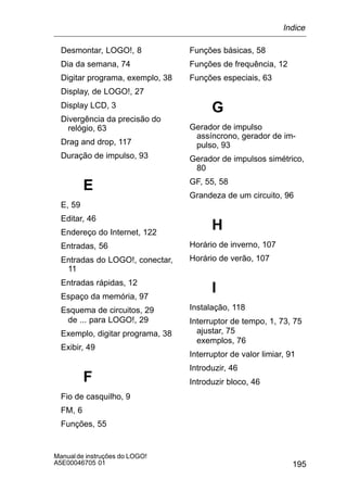 195
Manualde instruções do LOGO!
A5E00046705 01
Desmontar, LOGO!, 8
Dia da semana, 74
Digitar programa, exemplo, 38
Display, de LOGO!, 27
Display LCD, 3
Divergência da precisão do
relógio, 63
Drag and drop, 117
Duração de impulso, 93
E
E, 59
Editar, 46
Endereço do Internet, 122
Entradas, 56
Entradas do LOGO!, conectar,
11
Entradas rápidas, 12
Espaço da memória, 97
Esquema de circuitos, 29
de ... para LOGO!, 29
Exemplo, digitar programa, 38
Exibir, 49
F
Fio de casquilho, 9
FM, 6
Funções, 55
Funções básicas, 58
Funções de frequência, 12
Funções especiais, 63
G
Gerador de impulso
assíncrono, gerador de im-
pulso, 93
Gerador de impulsos simétrico,
80
GF, 55, 58
Grandeza de um circuito, 96
H
Horário de inverno, 107
Horário de verão, 107
I
Instalação, 118
Interruptor de tempo, 1, 73, 75
ajustar, 75
exemplos, 76
Interruptor de valor limiar, 91
Introduzir, 46
Introduzir bloco, 46
Indice
 