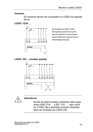13
Manualde instruções do LOGO!
A5E00046705 01
Conectar
Os sensores devem ser conectados no LOGO! da seguinte
forma:
LOGO! 12/24 ...
L+
M As entradas de LOGO! 12/24...
são ligadas ao potencial e preci-
sam ter portanto o mesmo poten-
cial de referência (massa) como a
alimentaçãodetensão.
LOGO! 230 ... (modelo padrão)
L1
N
!
Advertência
Devido às determinações existentes sobre segu-
rança (VDE 0110, ... e IEC 1131, ..., bem como
UL e CSA) não é permitido conectar diferentes
fases em entradas de LOGO! 230...
Montar e cablar LOGO!
 