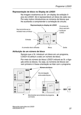 27
Manualde instruções do LOGO!
A5E00046705 01
Representação de bloco no Display de LOGO!
Na imagem mostramos ao Sr. um display de exibição tí-
pico do LOGO!. Só é representável um bloco de cada vez.
Por este motivo introduzimos os números de blocos que
lhe auxiliarão a compreender a correlação do circuito.
B02
w1
I2 Q1
B01
Representaçãono display de LOGO!
x
O número do
bloco será atri-
buído por
LOGO.
Aqui encontra-se co-
nectado mais um bloco
Entrada
A conexão não é utilizada SaídaBloco
Atribuição de um número de bloco
Sempre que o Sr. introduzir um bloco em um programa,
LOGO! irá atribuir a este um número de bloco.
Por meio do número do bloco LOGO! indicará ao Sr. a liga-
ção entre os blocos. Ou seja, os números de blocos ser-
vem primeiro à Vossa orientação ao lidar com o programa.
I1
I2
I3
w1
B01
B02
B02
w1
B03 Q1
B01
B01
Movimentar-seno âmbito do programa
com tecla
I4
I5
I6
w1
B01
Há uma ligação
entre estes blocos
Número do bloco
Q1
x
B03
Programar LOGO!
 
