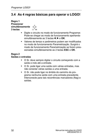 Manual de instruções do LOGO!
A5E00046705 01
32
3.4 As 4 regras básicas para operar o LOGO!
Regra 1
Pressionar
simultâneamente
3 teclas
S Digite o circuito no modo de funcionamento Programar.
Pode-se chegar ao modo de funcionamento apertando
simultâneamente as 3 teclas , e OK.
S Valores de tempo e parâmetros podem ser modificados
no modo de funcionamento Parametrização. Surgirá o
modo de funcionamento Parametrização se forem pres-
sionadas simultâneamente as 2 teclas ESC e OK.
Regra 2
Saídas e entradas
S O Sr. deve sempre digitar o circuito começando com a
saída e indo até a entrada.
S O Sr. pode ligar uma saída com várias entradas, mas
não conectar várias saídas a uma entrada.
S O Sr. não pode ligar no âmbito do caminho do pro-
grama nenhuma saída com uma entrada precedente.
Interconecte para tais recorrências marcadores (flag) e
saídas.
Programar LOGO!
 