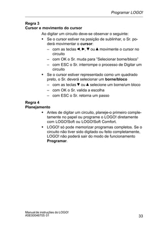 33
Manualde instruções do LOGO!
A5E00046705 01
Regra 3
Cursor e movimento do cursor
Ao digitar um circuito deve-se observar o seguinte:
S Se o cursor estiver na posição de sublinhar, o Sr. po-
derá movimentar o cursor:
– com as teclas , , ou movimente o cursor no
circuito
– com OK o Sr. muda para ”Selecionar borne/bloco”
– com ESC o Sr. interrompe o processo de Digitar um
circuito
S Se o cursor estiver representado como um quadrado
preto, o Sr. deverá selecionar um borne/bloco
– com as teclas ou selecione um borne/um bloco
– com OK o Sr. valida a escolha
– com ESC o Sr. retorna um passo
Regra 4
Planejamento
S Antes de digitar um circuito, planeje-o primeiro comple-
tamente no papel ou programe o LOGO! diretamente
com LOGO!Soft ou LOGO!Soft Comfort.
S LOGO! só pode memorizar programas completos. Se o
circuito não tiver sido digitado ou feito completamente,
LOGO! não poderá sair do modo de funcionamento
Programar.
Programar LOGO!
 