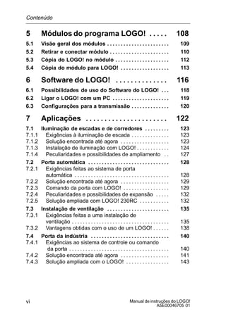 Manual de instruções do LOGO!
A5E00046705 01
vi
5 Módulos do programa LOGO! 108. . . . .
5.1 Visão geral dos módulos 109. . . . . . . . . . . . . . . . . . . . . . .
5.2 Retirar e conectar módulo 110. . . . . . . . . . . . . . . . . . . . . .
5.3 Cópia do LOGO! no módulo 112. . . . . . . . . . . . . . . . . . . .
5.4 Cópia do módulo para LOGO! 113. . . . . . . . . . . . . . . . . .
6 Software do LOGO! 116. . . . . . . . . . . . . .
6.1 Possibilidades de uso do Software do LOGO! 118. . .
6.2 Ligar o LOGO! com um PC 119. . . . . . . . . . . . . . . . . . . . .
6.3 Configurações para a transmissão 120. . . . . . . . . . . . . .
7 Aplicações 122. . . . . . . . . . . . . . . . . . . . . .
7.1 Iluminação de escadas e de corredores 123. . . . . . . . .
7.1.1 Exigências à iluminação de escada 123. . . . . . . . . . . . . .
7.1.2 Solução encontrada até agora 123. . . . . . . . . . . . . . . . . .
7.1.3 Instalação de iluminação com LOGO! 124. . . . . . . . . . . .
7.1.4 Peculiaridades e possibilidades de ampliamento 127. .
7.2 Porta automática 128. . . . . . . . . . . . . . . . . . . . . . . . . . . . . .
7.2.1 Exigências feitas ao sistema de porta
automática 128. . . . . . . . . . . . . . . . . . . . . . . . . . . . . . . . . . .
7.2.2 Solução encontrada até agora 129. . . . . . . . . . . . . . . . . .
7.2.3 Comando da porta com LOGO! 129. . . . . . . . . . . . . . . . .
7.2.4 Peculiaridades e possibilidades de expansão 132. . . . .
7.2.5 Solução ampliada com LOGO! 230RC 132. . . . . . . . . . .
7.3 Instalação de ventilação 135. . . . . . . . . . . . . . . . . . . . . . .
7.3.1 Exigências feitas a uma instalação de
ventilação 135. . . . . . . . . . . . . . . . . . . . . . . . . . . . . . . . . . . .
7.3.2 Vantagens obtidas com o uso de um LOGO! 138. . . . . .
7.4 Porta da indústria 140. . . . . . . . . . . . . . . . . . . . . . . . . . . . .
7.4.1 Exigências ao sistema de controle ou comando
da porta 140. . . . . . . . . . . . . . . . . . . . . . . . . . . . . . . . . . . . .
7.4.2 Solução encontrada até agora 141. . . . . . . . . . . . . . . . . .
7.4.3 Solução ampliada com o LOGO! 143. . . . . . . . . . . . . . . .
Contenùdo
 