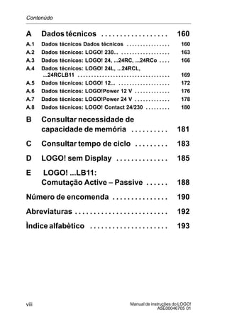 Manual de instruções do LOGO!
A5E00046705 01
viii
A Dados técnicos 160. . . . . . . . . . . . . . . . . .
A.1 Dados técnicos Dados técnicos 160. . . . . . . . . . . . . . . .
A.2 Dados técnicos: LOGO! 230... 163. . . . . . . . . . . . . . . . . .
A.3 Dados técnicos: LOGO! 24, ...24RC, ...24RCo 166. . . .
A.4 Dados técnicos: LOGO! 24L, ...24RCL,
...24RCLB11 169. . . . . . . . . . . . . . . . . . . . . . . . . . . . . . . . . .
A.5 Dados técnicos: LOGO! 12... 172. . . . . . . . . . . . . . . . . . .
A.6 Dados técnicos: LOGO!Power 12 V 176. . . . . . . . . . . . .
A.7 Dados técnicos: LOGO!Power 24 V 178. . . . . . . . . . . . .
A.8 Dados técnicos: LOGO! Contact 24/230 180. . . . . . . . .
B Consultar necessidade de
capacidade de memória 181. . . . . . . . . .
C Consultar tempo de ciclo 183. . . . . . . . .
D LOGO! sem Display 185. . . . . . . . . . . . . .
E LOGO! ...LB11:
Comutação Active – Passive 188. . . . . .
Número de encomenda 190. . . . . . . . . . . . . . .
Abreviaturas 192. . . . . . . . . . . . . . . . . . . . . . . . .
Ìndice alfabètico 193. . . . . . . . . . . . . . . . . . . . .
Contenùdo
 