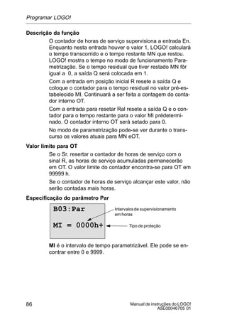 Manual de instruções do LOGO!
A5E00046705 01
86
Descrição da função
O contador de horas de serviço supervisiona a entrada En.
Enquanto nesta entrada houver o valor 1, LOGO! calculará
o tempo transcorrido e o tempo restante MN que restou.
LOGO! mostra o tempo no modo de funcionamento Para-
metrização. Se o tempo residual que tiver restado MN fôr
igual a 0, a saída Q será colocada em 1.
Com a entrada em posição inicial R resete a saída Q e
coloque o contador para o tempo residual no valor pré-es-
tabelecido MI. Continuará a ser feita a contagem do conta-
dor interno OT.
Com a entrada para resetar Ral resete a saída Q e o con-
tador para o tempo restante para o valor MI prédetermi-
nado. O contador interno OT será setado para 0.
No modo de parametrização pode-se ver durante o trans-
curso os valores atuais para MN eOT.
Valor limite para OT
Se o Sr. resertar o contador de horas de serviço com o
sinal R, as horas de serviço acumuladas permanecerão
em OT. O valor limite do contador encontra-se para OT em
99999 h.
Se o contador de horas de serviço alcançar este valor, não
serão contadas mais horas.
Especificação do parâmetro Par
B03:Par
MI = 0000h+
Intervalosde supervisionamento
em horas
Tipo de proteção
MI é o intervalo de tempo parametrizável. Ele pode se en-
contrar entre 0 e 9999.
Programar LOGO!
 