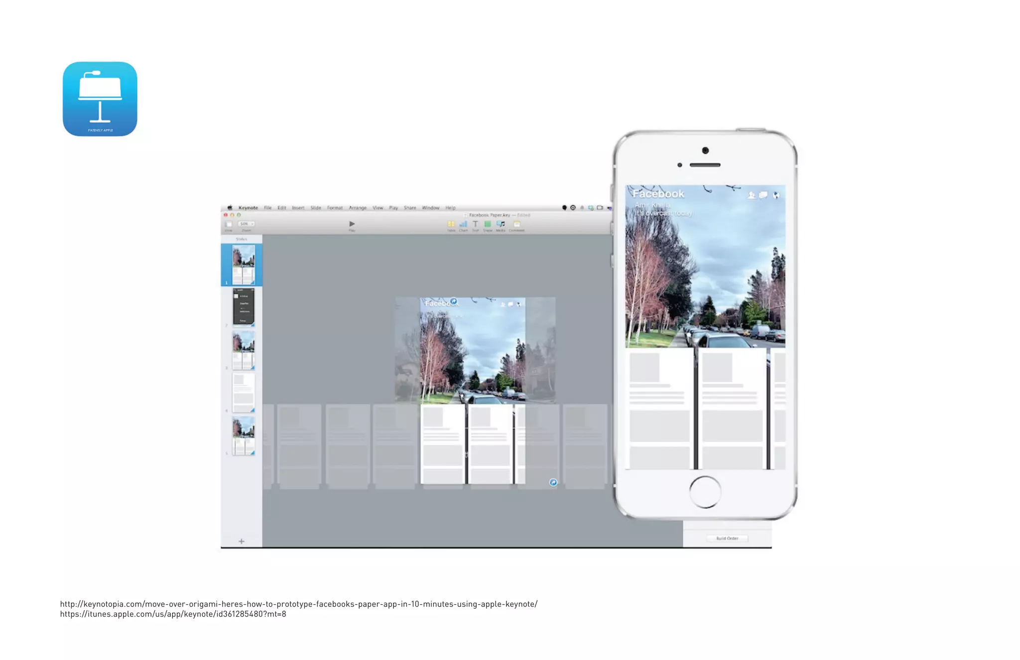 http://keynotopia.com/move-over-origami-heres-how-to-prototype-facebooks-paper-app-in-10-minutes-using-apple-keynote/ 
https://itunes.apple.com/us/app/keynote/id361285480?mt=8 
 