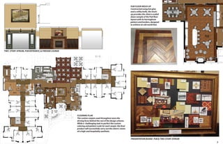 PUB FLOOR MOCK-UP
Constructed using hot glue
and a utility knife, the mockup provides the client a scaled
down sample of the Pub floor
layout with its herringbone
pattern and borders, designed
to achieve an old-world feel.

TWO- STORY ATRIUM, PUB ENTRANCE, & FIRESIDE LOUNGE

FLOORING PLAN
The custom carpets used throughout were the
driving force behind the rest of the design scheme.
While a challenging task to perfect the custom
coloring and pattern scale for each carpet, the final
product will successfully carry out the client’s vision
of a high-end hospitality aesthetic.
PRESENTATION BOARD- PUB & TWO-STORY ATRIUM
3

 
