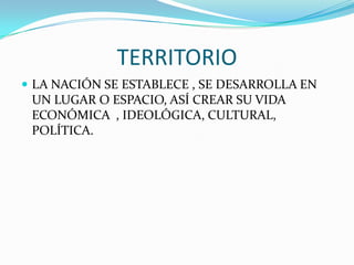 TERRITORIO
 LA NACIÓN SE ESTABLECE , SE DESARROLLA EN
 UN LUGAR O ESPACIO, ASÍ CREAR SU VIDA
 ECONÓMICA , IDEOLÓGICA, CULTURAL,
 POLÍTICA.
 