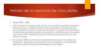 Historia de la nacional de chocolates 
 Desde 2002 – 2004 
 Con el ideal de mejorar todos los días, la actividad industrial y financiera 
de la entonces Compañía Nacional de Chocolates se dividió: de esta 
forma, la CNCH cambió su razón social a INCH y se dedicó únicamente a 
la administración del portafolio de inversiones. Adicionalmente, se generó 
una nueva CNCH dedicada a la actividad industrial de productos con 
base en cacao. 
 En junio de 2004 se constituyó Compañía Nacional de Chocolates de 
Costa Rica, dedicada a la fabricación de chocolates, una importante 
plataforma para el desarrollo del Negocio en la región. 
 