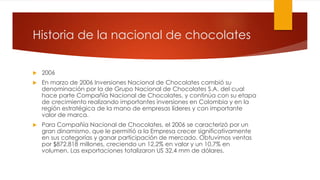 Historia de la nacional de chocolates 
 2006 
 En marzo de 2006 Inversiones Nacional de Chocolates cambió su 
denominación por la de Grupo Nacional de Chocolates S.A. del cual 
hace parte Compañía Nacional de Chocolates, y continúa con su etapa 
de crecimiento realizando importantes inversiones en Colombia y en la 
región estratégica de la mano de empresas líderes y con importante 
valor de marca. 
 Para Compañía Nacional de Chocolates, el 2006 se caracterizó por un 
gran dinamismo, que le permitió a la Empresa crecer significativamente 
en sus categorías y ganar participación de mercado. Obtuvimos ventas 
por $872.818 millones, creciendo un 12,2% en valor y un 10,7% en 
volumen. Las exportaciones totalizaron US 32,4 mm de dólares. 
 