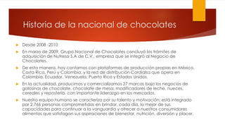 Historia de la nacional de chocolates 
 Desde 2008 -2010 
 En marzo de 2009, Grupo Nacional de Chocolates concluyó los trámites de 
adquisición de Nutresa S.A de C.V., empresa que se integró al Negocio de 
Chocolates. 
 De esta manera, hoy contamos con plataformas de producción propias en México, 
Costa Rica, Perú y Colombia, y la red de distribución Cordialsa que opera en 
Colombia, Ecuador, Venezuela, Puerto Rico y Estados Unidos. 
 En la actualidad, producimos y comercializamos 27 marcas bajo los negocios de 
golosinas de chocolate, chocolate de mesa, modificadores de leche, nueces, 
cereales y repostería, con importante liderazgo en los mercados. 
 Nuestro equipo humano se caracteriza por su talento y motivación; está integrado 
por 2.766 personas comprometidas en brindar, cada día, lo mejor de sus 
capacidades para continuar a la vanguardia y ofrecer a nuestros consumidores 
alimentos que satisfagan sus aspiraciones de bienestar, nutrición, diversión y placer. 
 