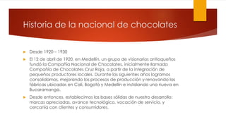 Historia de la nacional de chocolates 
 Desde 1920 – 1930 
 El 12 de abril de 1920, en Medellín, un grupo de visionarios antioqueños 
fundó la Compañía Nacional de Chocolates, inicialmente llamada 
Compañía de Chocolates Cruz Roja, a partir de la integración de 
pequeños productores locales. Durante los siguientes años logramos 
consolidarnos, mejorando los procesos de producción y renovando las 
fábricas ubicadas en Cali, Bogotá y Medellín e instalando una nueva en 
Bucaramanga. 
 Desde entonces, establecimos las bases sólidas de nuestro desarrollo: 
marcas apreciadas, avance tecnológico, vocación de servicio, y 
cercanía con clientes y consumidores. 
 