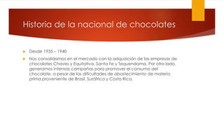 Historia de la nacional de chocolates 
 Desde 1935 – 1940 
 Nos consolidamos en el mercado con la adquisición de las empresas de 
chocolates Chaves y Equitativa, Santa Fe y Tequendama. Por otro lado, 
generamos intensas campañas para promover el consumo del 
chocolate, a pesar de las dificultades de abastecimiento de materia 
prima proveniente de Brasil, Suráfrica y Costa Rica. 
 