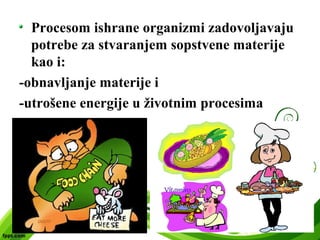 Procesom ishrane organizmi zadovoljavaju
potrebe za stvaranjem sopstvene materije
kao i:
-obnavljanje materije i
-utrošene energije u životnim procesima
 