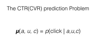 The CTR(CVR) prediction Problem
μ(a, u, c) = p(click | a,u,c)
 
