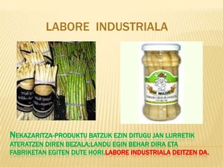 LABORE INDUSTRIALA




NEKAZARITZA-PRODUKTU BATZUK EZIN DITUGU JAN LURRETIK
ATERATZEN DIREN BEZALA;LANDU EGIN BEHAR DIRA ETA
FABRIKETAN EGITEN DUTE HORI.LABORE INDUSTRIALA DEITZEN DA.
 