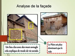 Le Plein est plus
dominantque le
vide
Un lieu clos avecdes murs aveugle
cela explique de mode de vie sociale.
Analyse de la façade
 