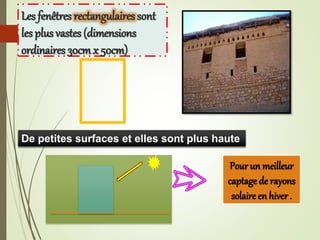 Les fenêtres rectangulaires sont
les plus vastes (dimensions
ordinaires 30cmx 50cm)
De petites surfaces et elles sont plus haute
Pour un meilleur
captagede rayons
solaire en hiver .
 