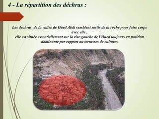 Les dechras de la vallée de Oued Abdi semblent sortir de la roche pour faire corps
avec elle ,
elle est située essentiellement sur la rive gauche de l’Oued toujours en position
dominante par rapport au terrasses de cultures
 