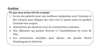 Synthèse:
Ce que nous avons tiré de ce projet :
1. Le jeu des gabarits pour une meilleure intégration avec l’existant et
des volumes pour dégager des vues vers le square toute en gardant
l’intimité des usagers.
2. Articulation des hauteurs avec les constructions existants
3. Une silhouette qui permet d’ouvrir à l ’ensoleillement de coeur de
l’ilot.
4. Les orientations multiples pour donner une grande liberté
d’aménagement intérieur.
 