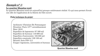 Le quartier Masséna-nord
Le quartier Masséna-nord est aujourd’hui presque entièrement réalisé. Ce qui nous permet d’avoir
une idée de l’application de la théorie de l’îlot ouvert.
Exemple n° 1:
Fiche technique du projet:
Architecte: Christian De Portzamparc
Situation: Paris 13ème arrondissement
Date: 2010
Superficie de logements: 67 500 m2
Superficie de bureaux: 116 600 m2
Superficie d’universités: 105 000 m2
Superficie construite: 339 100 m2
Densité: forte P/S= 2,5
Usages: logements, universités et bureaux
Quartier Masséna-nord
 