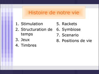 Histoire de notre vie

1. Stimulation        5.   Rackets
2. Structuration de   6.   Symbiose
   temps              7.   Scenario
3. Jeux               8.   Positions de vie
4. Timbres
 