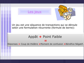 Les jeux


   Un jeu est une séquence de transactions qui se déroule
   selon une formulation récurrente (formule de berne):


                 Appât + Point Faible
                          =
Réponses + Coup de théâtre +Moment de confusion +Bénéfice Négatif.
 