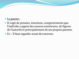  Le parent :
 Il s’agit de pensées, émotions, comportements que
l’individu a appris des sources extérieures, de figures
de l’autorité et principalement de ses propres parents.
 Ex : Il faut regarder avant de traverser.
 