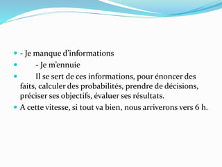  - Je manque d’informations
 - Je m’ennuie
 Il se sert de ces informations, pour énoncer des
faits, calculer des probabilités, prendre de décisions,
préciser ses objectifs, évaluer ses résultats.
 A cette vitesse, si tout va bien, nous arriverons vers 6 h.
 