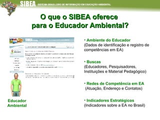 O que o SIBEA oferece  para o Educador Ambiental? Ambiente do Educador  (Dados de identificação e registro de competências em EA) Buscas (Educadores, Pesquisadores, Instituições e Material Pedagógico) Redes de Competência em EA  (Atuação, Endereço e Contatos) Indicadores Estratégicos  (Indicadores sobre a EA no Brasil) Educador Ambiental 