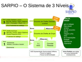 CATÁLOGO 11 APRESENTAÇÃO DE LANÇAMENTO
Copyright ©2014 by Oriflame Cosmetics SA
AOO Apresentação Oportunidade Oriflame
- Focus no negócio
- Focus na demonstração
Alimenta
Início Perfeito para todos
os novos Assessores
imediatamente.
1-1
AOO
Convidar
Pessoas
Encontro de Chefes de Grupo
Encontro de Chefes Distritais
e acima
Gera
Gera
Core
Team
Core
Team
Nível
1
Assessores
Mostrar, Convidar e Assistir
Nível
2
Chefes de Grupo
Recrutar, Formar, Definir Objetivos
Grupos Pequenos AOO
Nível
3
Chefes Distritais e acima
Recrutar, Motivar, Definir Objetivos
AOO + Formação + Planif.+ LC
2ª e 3ª semanas do catálogo
1ª semana do catálogo
Diariamente
Métodos de
Prospeção
Amigos e colegas
Clientes atuais
No terreno
Pontos de encontro
Inquéritos
Abordagem a frio
Folhetos
Feiras e exposições
Publicidade
Campanhas de
Recrutamento
SARPIO – O Sistema de 3 Níveis
Alimenta
 
