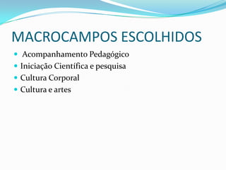 MACROCAMPOS ESCOLHIDOS
 Acompanhamento Pedagógico
 Iniciação Científica e pesquisa
 Cultura Corporal
 Cultura e artes
 