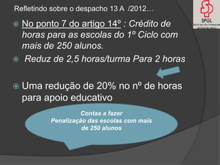 Refletindo sobre o despacho 13 A /2012…

 No ponto 7 do artigo 14º : Crédito de
  horas para as escolas do 1º Ciclo com
  mais de 250 alunos.
 Reduz de 2,5 horas/turma Para 2 horas


 Uma    redução de 20% no nº de horas
    para apoio educativo
                    Contas a fazer
          Penalização das escolas com mais
                    de 250 alunos
 