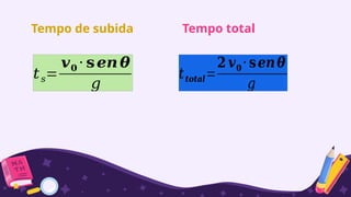 Tempo de subida
𝑡𝑠=
𝒗𝟎 ⋅ 𝐬𝒆𝒏𝜽
𝑔
Tempo total
𝑡𝒕𝒐𝒕𝒂𝒍=
𝟐 𝒗𝟎⋅𝐬𝒆𝒏𝜽
𝑔
 